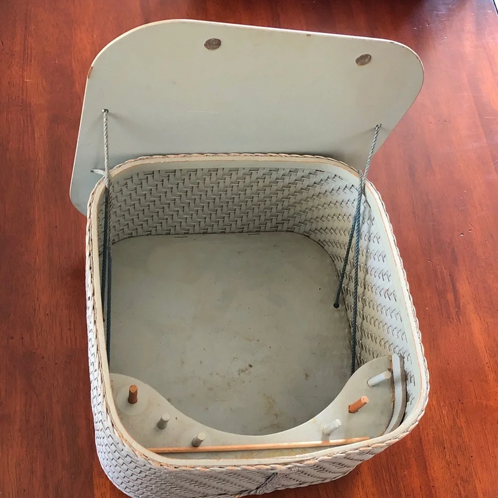Vintage Wicker Sewing Basket with Wooden Lid